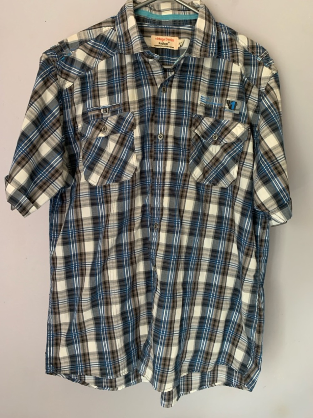 Krobar Plaid Button Up Shirt Mens XL Blue Grey Short Sleeve Vintage Denim